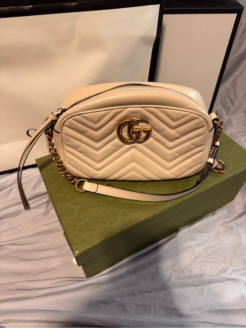 Gucci Cream Quilted GG Marmont Crossbody Bag with Gold Hardware
